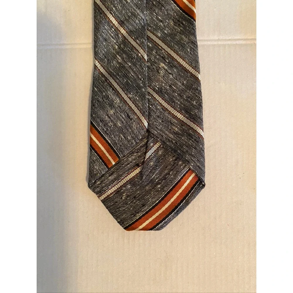 Fashion Craft Mens Silk Tie Grey Orange Striped Textured Slub Skinny Vintage